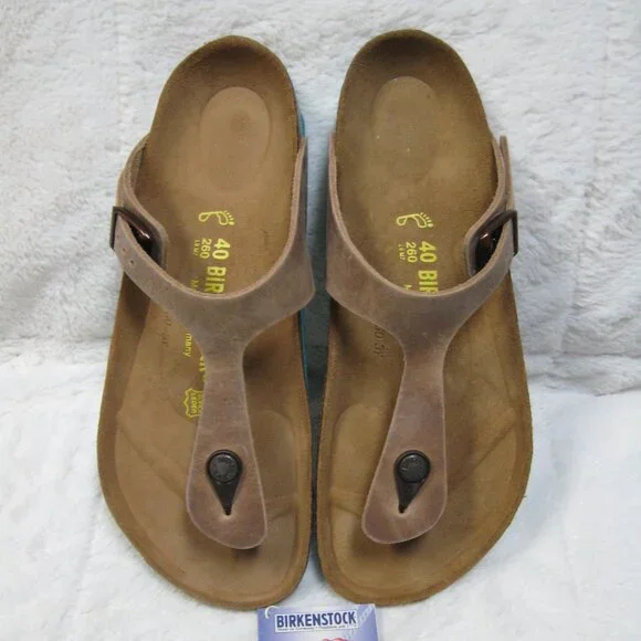 Birkenstock GIZEH Waxy Leather Tobacco Brown w/ Aqua Sole. 40 R US W 9 M 7 - Picture 3 of 13